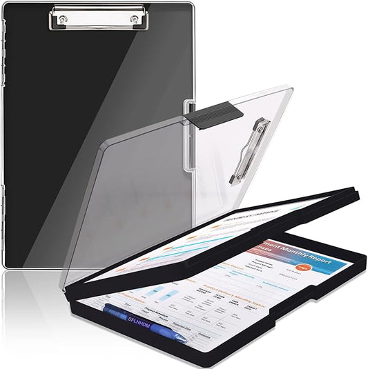 Clipboard with Storage,Heavy Duty Clip Boards 8.5x11 with 2 Storage Case,Clear Visible Top Panel Storage Clipboards,Side Opening Clip Boards,Nursing Clipboard Folder Case for Office Supplies-Black