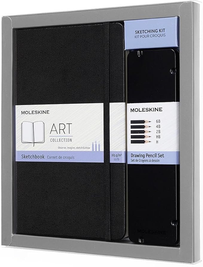 Moleskine Art Collection Sketching Kit - Sketchbook Large + Drawing Pencils Set, Large, Plain, Black, Hard Cover (5 x 8.25) 104 Pages