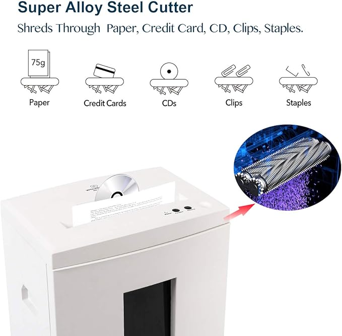 WOLVERINE 10-Sheet Super Micro Cut High Security Level P-5 Heavy Duty Paper/CD/Card Ultra Quiet Shredder for Home Office by 60 Mins Running Time and 6 Gallons Pullout Waste Bin SD9112(White ETL)