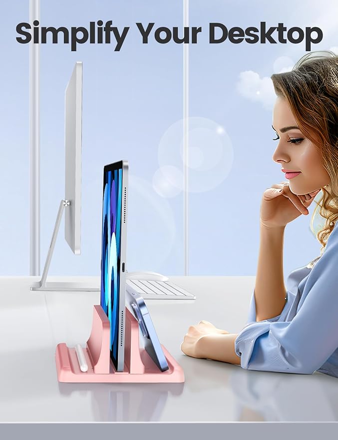 Vaydeer Vertical Laptop Stand Holder Plastic Adjustable Desktop Notebook Dock Space-Saving 3 in 1 for All MacBook Pro Air, Mac, HP, Dell, Microsoft Surface, Lenovo, up to 17.3 inches (Pink)