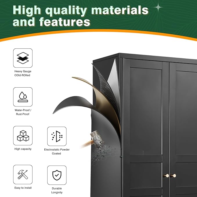 Letaya Wardrobe Armoire Closet,72" H Metal Storage Cabinet with Adjustable Shelves and Hanging Rod,Bedroom Armoire Cabinet Clothes Organizer (Black)