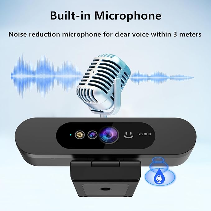 2K QHD Webcam with Windows Hello Facial Recognition, 4MP Computer Camera with Noise-reducing Mic, Privacy Cover, 92° FOV Laptop Webcam for Video Conferencing, Live Streaming, Online Learning