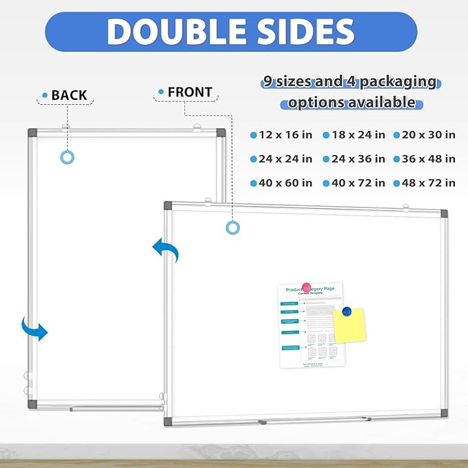 WALGLASS 3 Pack White Board, 36" x 24" Double-Sided Dry Erase White Board for Wall, Hanging Mounted Whiteboard, Horizontal or Vertical Silver Aluminium Frame for Home, School, Office, Kitchen