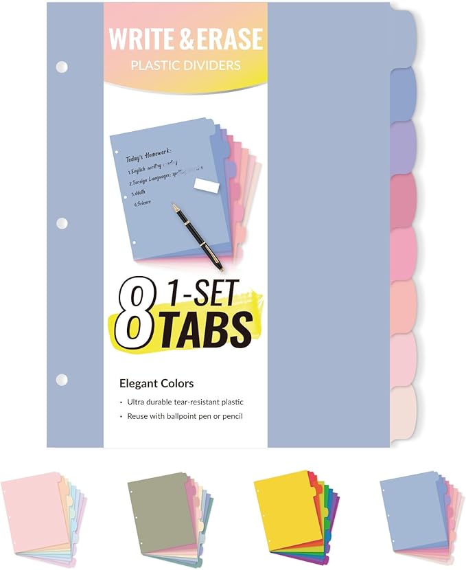 Sooez 8-Tab Durable Plastic Write & Erase Big Tab Dividers for 3 Ring Binder, Aesthetic Cute Pastel Binder Dividers for Student, Teacher, Office, Home Organizers, 1 Set, Muted