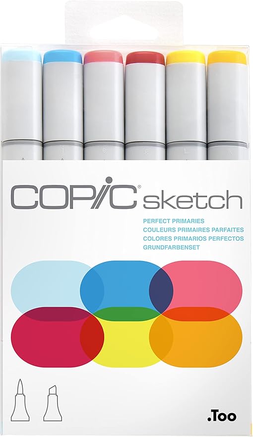 Copic Sketch, Alcohol Markers, 6 Colors Dual Brush Tip Art Marker for Adults, Permanent Blendable Sketch Markers for Coloring Drawing & Illustration Art - Perfect Primaries