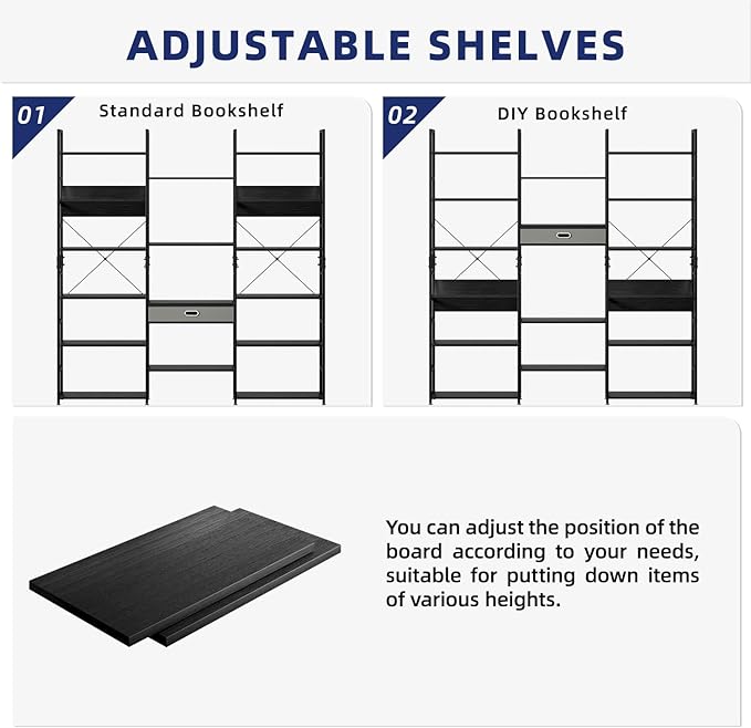 NUMENN Bookcases and Bookshelves Triple Wide 6 Tier Bookshelf, Large Etagere Bookshelf with Storage Drawer, Adjustable Open Display Shelves for Living Room Bedroom Home Office, Black