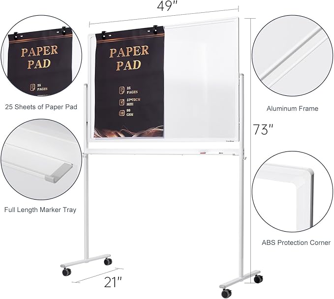Mobile Clear Glass Whiteboard, TANKEE 48" X 32" Standing White Board on Wheels, Large Rolling Dry Erase Board with Stand, Transparent Tempered Glass Board with Paper Pad, Great for Office Home School