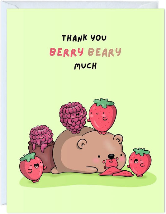 ALY LOU Cute Thank You Card, Thank U Greeting Note Card for Business, Teacher, Wedding, Birthday, Baby Shower, Blank Inside (Thank you Berry Beary Much)