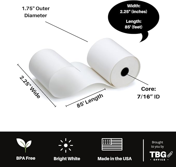 2 1/4" x 85' Thermal Paper Rolls - BPA FREE – MADE IN USA - Receipt paper rolls – Point of Sale Cash Register - Thermal printer paper - Credit Card Paper - (1 Case - 30 Rolls)