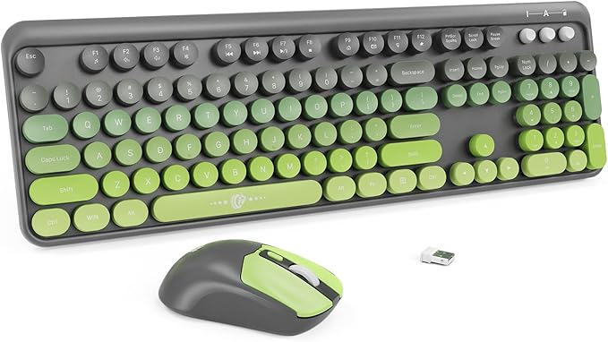 Wireless Keyboard and Mouse Combo, 104 Round Keys Cute Colorful Keyboard and Mouse with Retro Typewriter for PC/Mac/Laptop/Tablet/Computer/Windows Gray Green