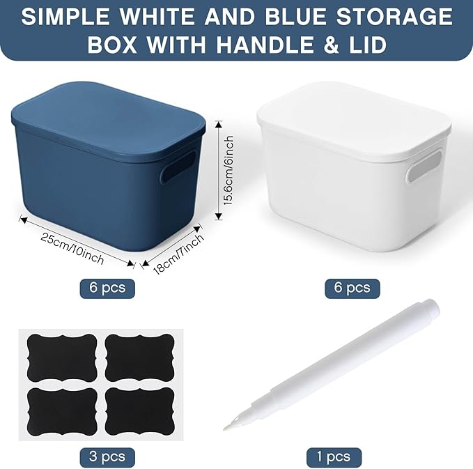 Thyle 12 Pack Plastic Storage Bins with Lids and Handles Colorful Stackable Desktop Storage Box Bins with Marker Label for Office Classroom Cabinet Shelf Drawer Kitchen, 10x7x6 Inch(Blue, White)