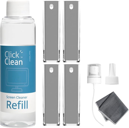 Click Clean Screen Cleaner Kits - 4 All-in-One Screen Cleaner with 4 oz Cleaner Refill, 1 Microfiber Cloth(7.8 x 7.8in), 1 Mini Refill Funnel, and 1 Sprayer - for All Phones, Laptop and Tablet Screens
