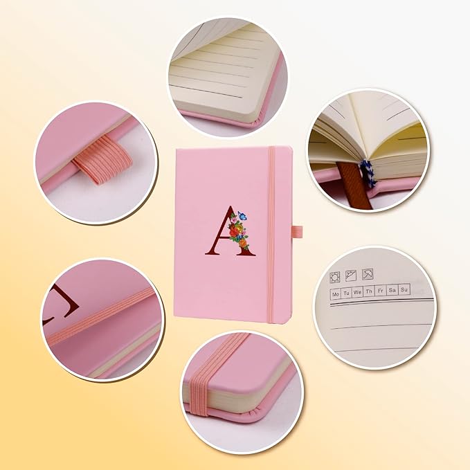 Pink Notebook for Women, 5.7"X8.3" A5 Journal Notebook with Letter K, Dual-Sided Writing Notebook with Dividers, Cute Leather Journal for Work, Business, School, Meetings, Travelers, Small Notebook
