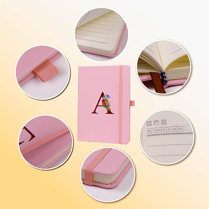 Pink Notebook for Women, 5.7"X8.3" A5 Journal Notebook with Letter M, Dual-Sided Writing Notebook with Dividers, Cute Leather Journal for Work, Business, School, Meetings, Travelers, Small Notebook