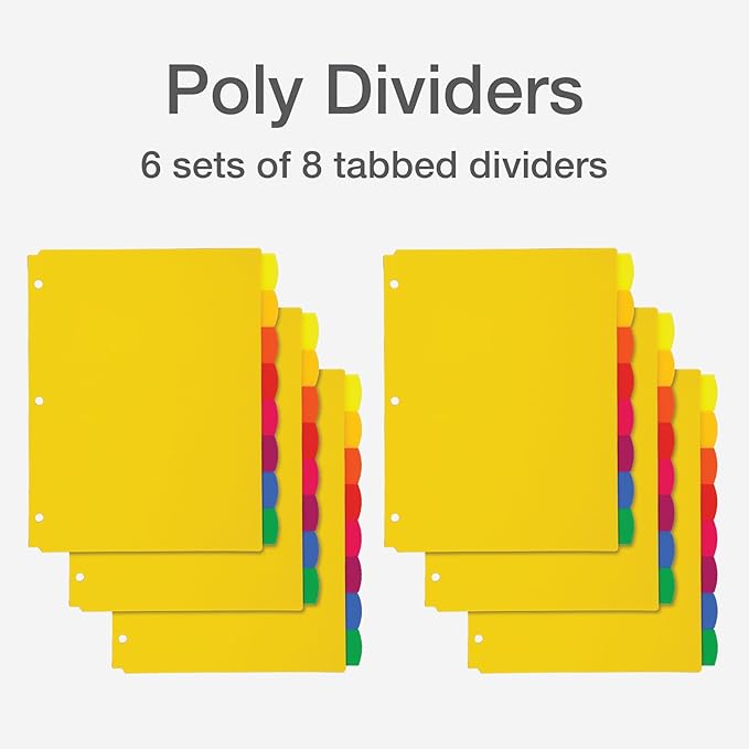 Oxford Plastic Binder Dividers for 3 Ring Binder, Durable Plastic Binder Divider, 8 Tab, Multicolor Tabs, 3 Hole Punched, Letter Size, 6 Sets (89601)
