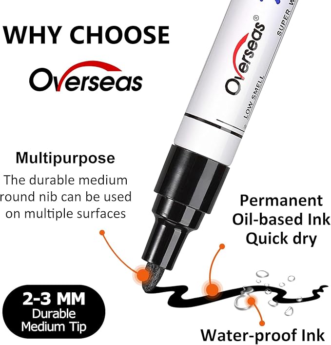 Overseas Black Paint Pens Permanent Markers 24 Pcs, Oil Based Paint Markers Set, Quick Drying, Waterproof, Medium Tip Marker Pens for Metal, Rock, Wood, Plastic, Canvas, Glass, Stone, Rubber, Paper