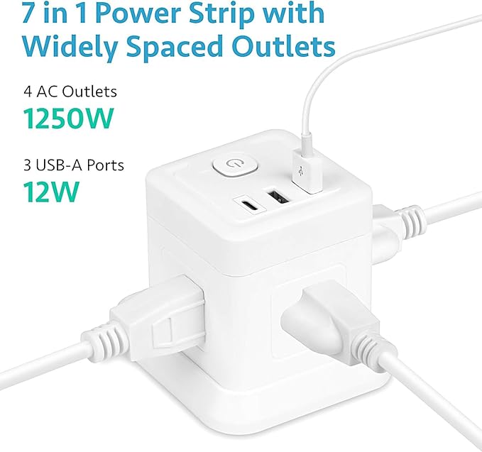 BEVA Power Strip with USB - 5ft Long Extension Cord with 4 Widely Spaced Outlets and 3 USB Ports Cube Desktop Charging Station, Overload Protection, Compact for Travel, Cruise Ship and Dorm