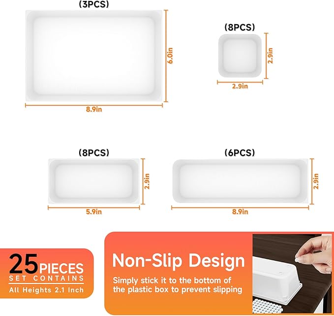 25 pc Plastic Drawer Organizer Set,4 Size Small Storage Containers for Organizing Jewelry,Utensil,Junk,Tea,Makeup,Shallow Drawer Organizers Tray Suitable for Office,Desk,Bathroom,Vanity,Kitchen,White