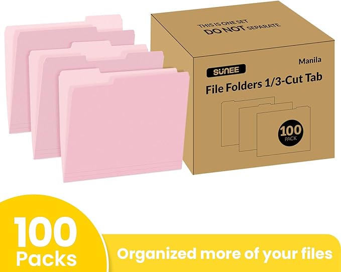 SUNEE File Folders Letter Size Pink, 100 Pack Manilla Folders 8.5 x 11 1/3-Cut Tabs, Colored File Folders Office Home School for Documents Files Paper