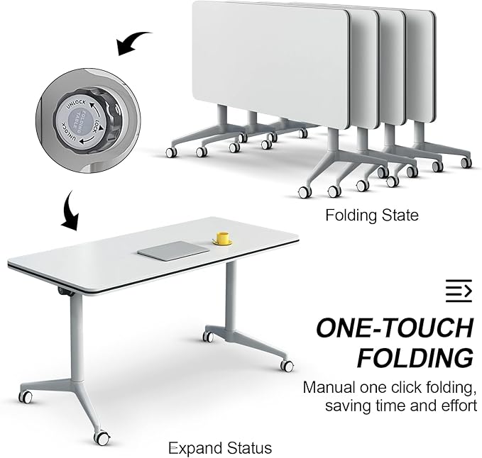 Folding Conference Table, Modern Large Conference Room Tables with Flip-Top Design, Foldable Conference Table Meeting Table with Wheels, Mobile Seminar Training Tables for Office Classroom (2, White)