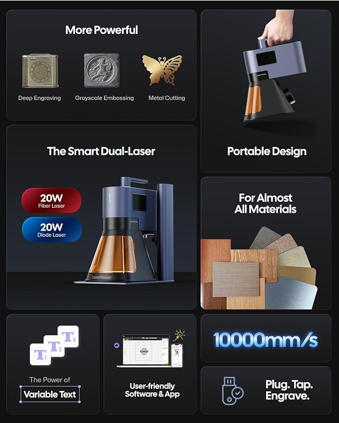 LaserPecker LP5 20W Fiber & Diode Dual Laser Engraver, 10X Faster 0.0027mm Precision for Metal Wood Jewelry, 3D Grayscale & Color Engraving, Portable 6kg Laser Cutter for Instant Store Customization