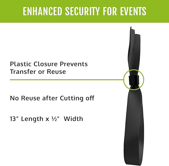 Wristco 100 Black Cloth Event Wristbands – Plastic Closure to Prevent Transfer or Reuse – Premium-Grade Fabric Bracelets for Party Entry, Summer Camp, VIP Identification, Drink Ticket ID