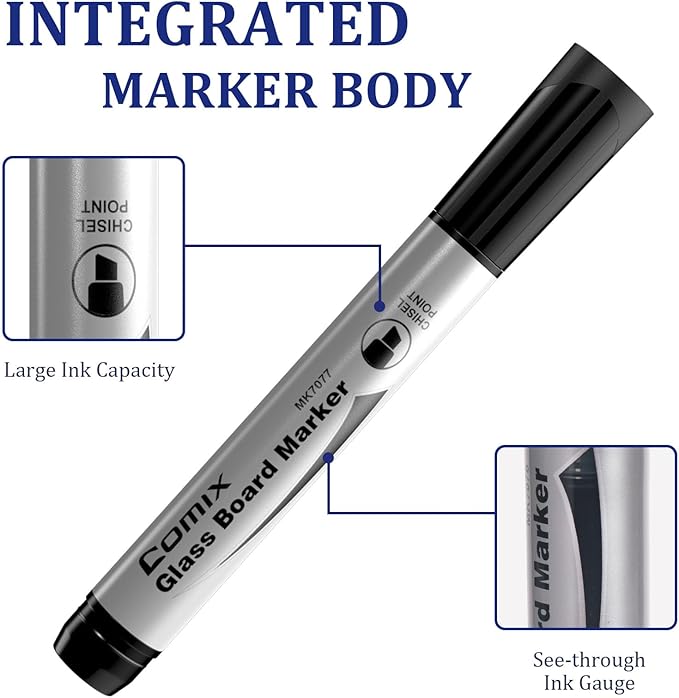 Comix Glass Board Dry Erase Markers, Low Odor Whiteboard Markers, Chisel Tip, 4 Assorted Classic Colors, 36 Pack