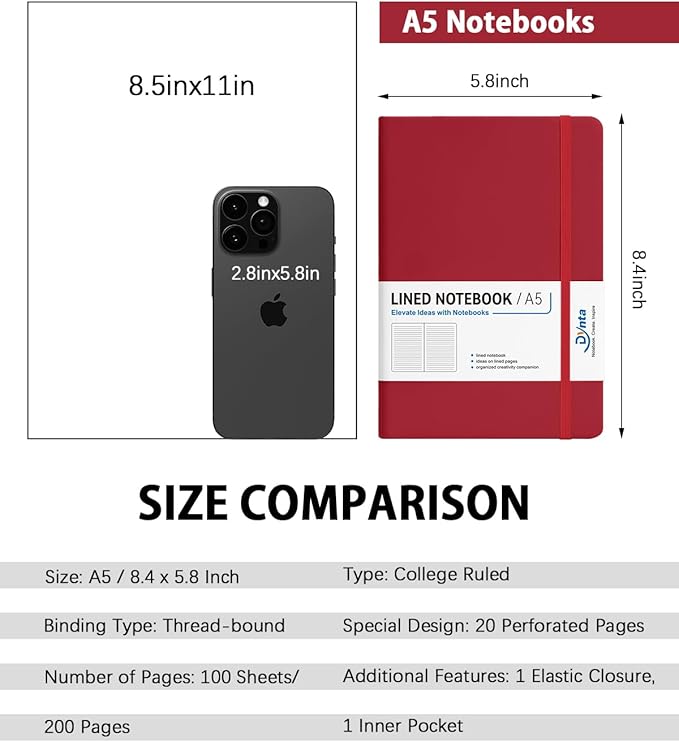 Hardcover Journal Notebooks, 10 Packs A5 Lined Journals Bulk for Writing 200 Pages/100Sheets, 8.4 x 5.8 inch, Classic Ruled Notebook for Work/Travel/College/Note Taking(Red)