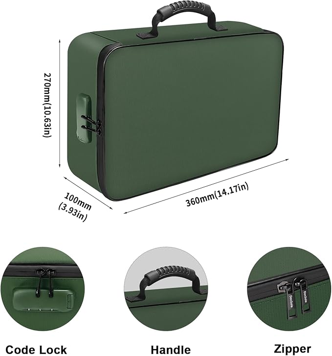 DocSafe File Organizer Bag with Lock,Fireproof Document Organizer Case with Water-Resistant Zipper,3-Layer Portable Travel Home Storage Safe Bag for Laptop,Files,Certificates,Gifts for Him,Green