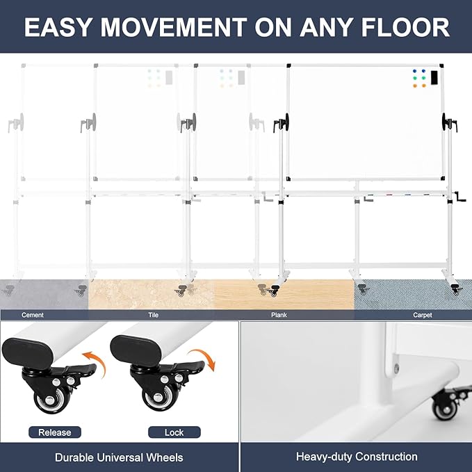 TANKEE Mobile Whiteboard 48 X 36 Inches Height Adjustable Large Standing White Board on Wheels, Rolling Double-Sided Magnetic Dry Erase Board for Office School Classroom Home