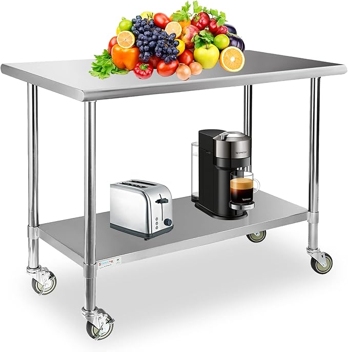 STABLEINK Stainless Steel Table with Caster Wheels 24 x 60 Inches, NSF Commercial Prep & Work Table with Adjustable Undershelf and Table Foot, for Commercial Kitchen, Restaurant, Hotel and Garage