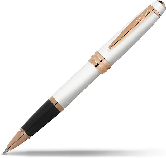 Cross Bailey Refillable Rollerball Pen Presented in a Premium Gift Box - Medium Point, Black Ink, White & Rose Gold