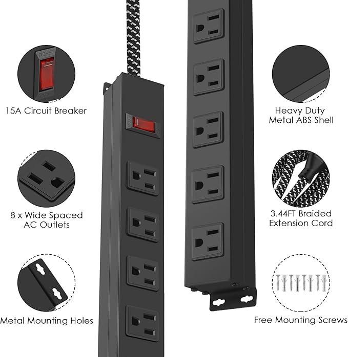 Metal 8 Outlet Mountable Power Strip with Switch,Wide Spaced Heavy Duty Wall Mount Power Strip Surge Protector 1200J,3FT 14AWG Braided Cord 15A 125V 1875W for Home Office Industrial Garage Commercial