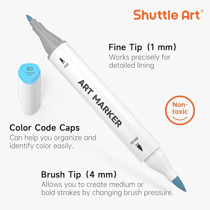 Shuttle Art Pastel Alcohol Markers Brush tip, Dual Tip Brush & Fine Tip Art Marker Set, 50 Colors plus 1 Blender Marker Pens with Case Perfect for Illustration Kids Students Adults Coloring Sketching