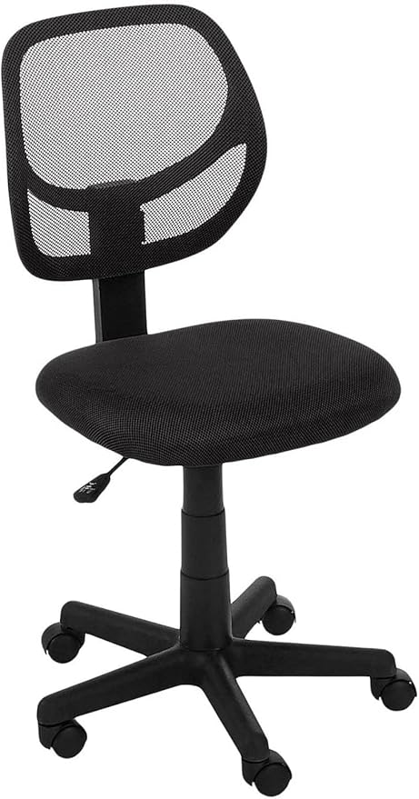 Amazon Basics Rolling Desk Chair, Adjustable, Low Back, Padded Seat, Breathable Mesh, Swivel, Black, 21.25" D x 22.5" W x 38" H