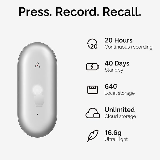 NotePin AI Voice Recorder, Voice Recorder with Neck Strap Lanyard, Transcribe & Summarize with AI Technology, 64GB Memory