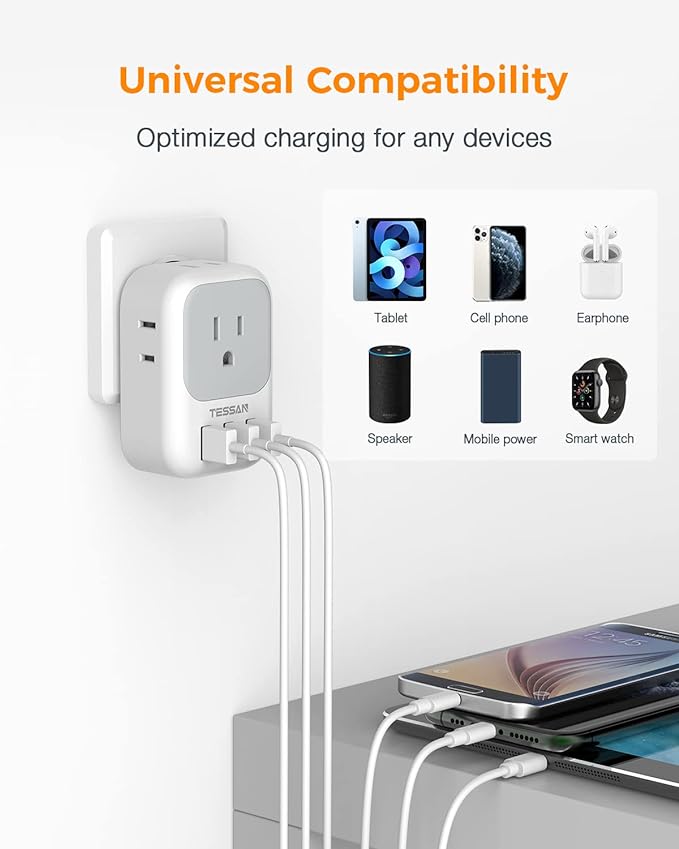 USB Charger Block, TESSAN Wall Plug Adapter with Electrical 4 Box Splitter 3 USB Wall Charger Ports, Multi Plug Outlet Extender Charging for Cruise, Travel, Office, Dorm Essentials
