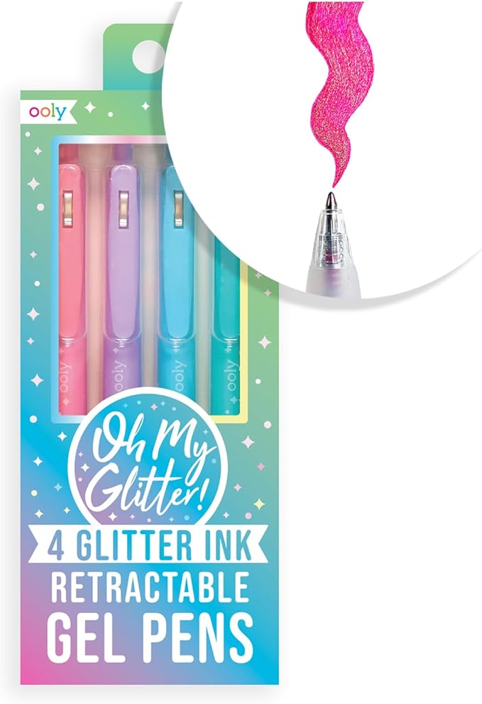 Ooly Oh My Glitter Gel Pens - Set of 4 Cute School and Art Supplies for Girls, Planner Pen with Comfort Grip, Ideal Retractable Glitter Pens for Decorations & Office Use, Back to School