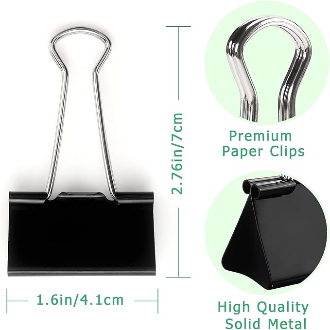 ZZTX Large Binder Clips Paper Clamps Clips Black, 1.6 Inches, 12 Pack