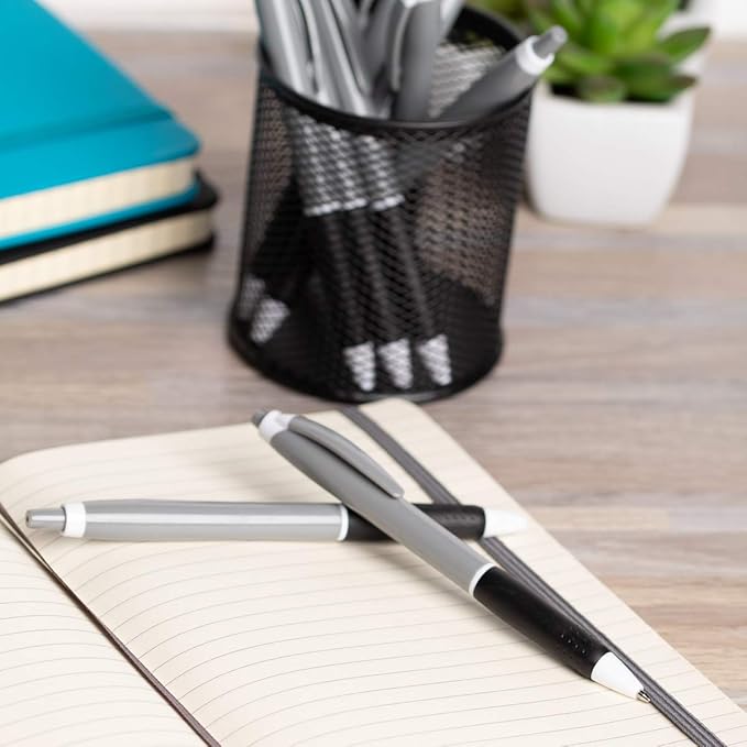 Simply Genius 100-Pack Black Ink Retractable Ballpoint Pens Bulk Ideal for Schools, Office Set, Notebooks, Journals & More (Gray&Black)