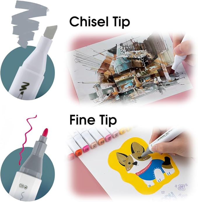 TRANSON Alcohol Markers for Drawing Coloring 24 Colors Dual-tip Fine and Chisel Tips