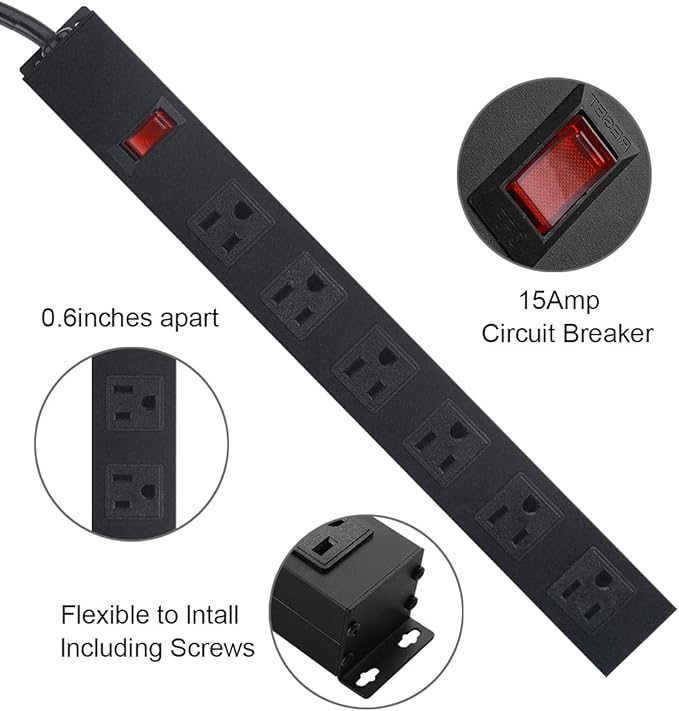 Metal Wall Mount Power Strip, Mountable Power Outlet with 6 AC Outlets, Aluminum Alloy Mount Power Socket with Switch, 6 FT SJT 3/C 14AWG Power Cord, 15A 125V 1875W (6AC) Black