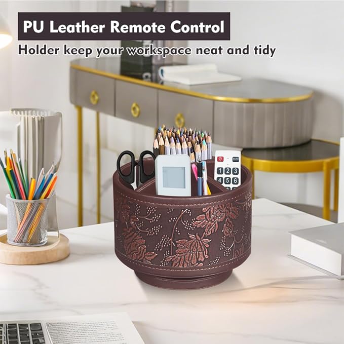 360° Rotating Pen Holder for Desk, Leather Pencil Pen Organizer Remote Control Holder Table Desktop Nightstand Organizer Caddy Storage, Office Desk Organizers And Accessories 5.5x5.5x4.0 Inch