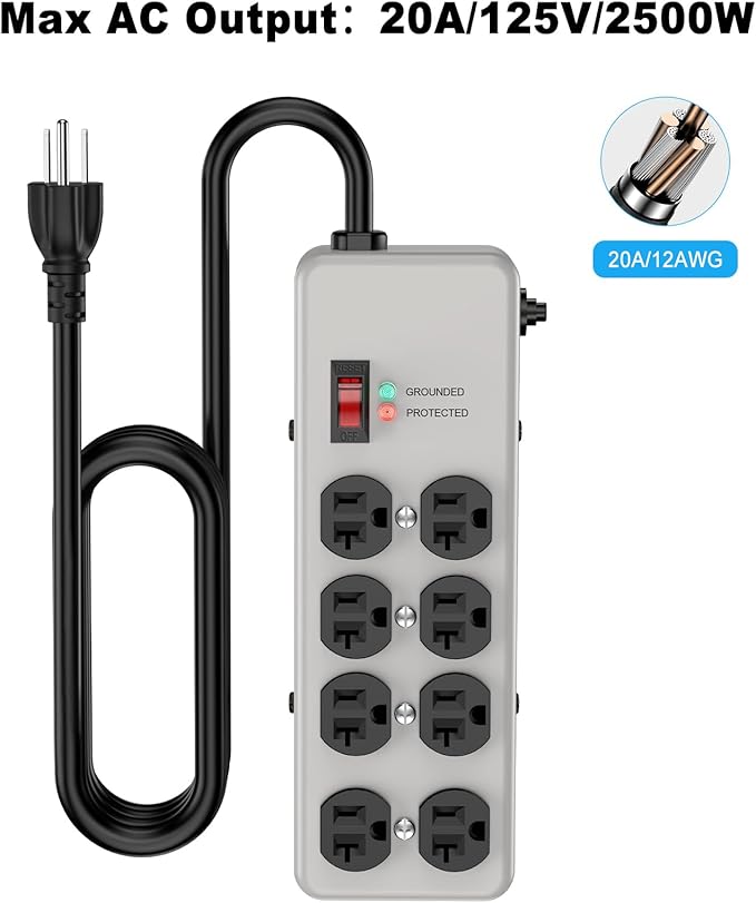HEZI 20A Power Strip Surge Protector Durable Metal 8-Outlet with Heavy Duty 20 Amp Extension Cord,12 Gauge for Garage,Workshop & Industrial Use with 6-20R T-Slot Outlets,4800J(Grey,6FT)