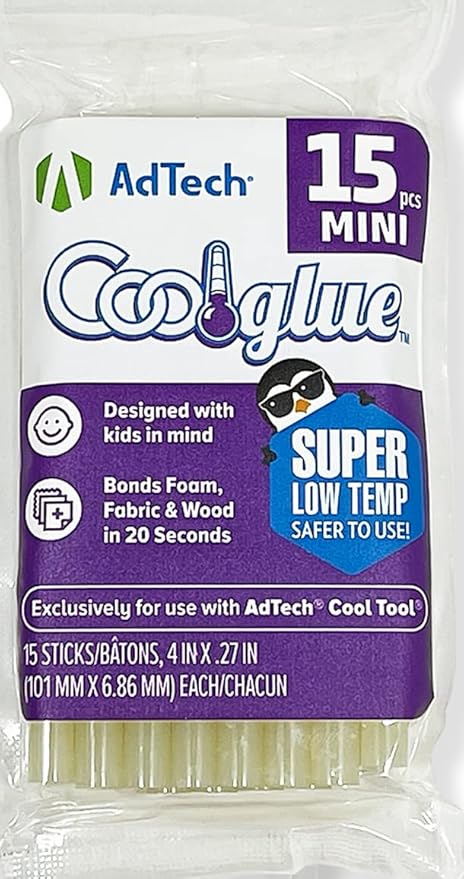 AdTech Ultra Low Temp Cool Glue Sticks, Mini 4-Inch – 15-Pack for Safe Crafting & DIY, Fast Bonding, Ideal for Delicate Materials, Fits Low Temp Mini Glue Guns, Made in USA