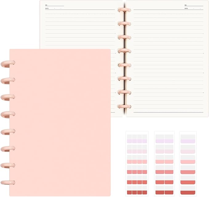 Discbound Notebook, 8-Disc Disbound Planner with Removable Pages, 180 Pages Spiral Notebook, Poly Cover Discbound Planner for Work, Travel, Note Taking(With Index Sticker),Pink,A5