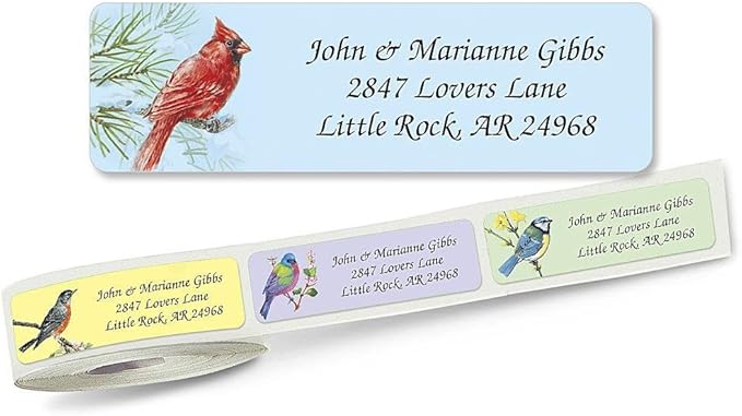 Birds Rolled Personalized Return Address Mailing Labels with Dispenser, Set of 250, 5 Designs, Small ¾ x 2½ Inch Size, Custom Self-Adhesive Sticker Roll, by Colorful Images