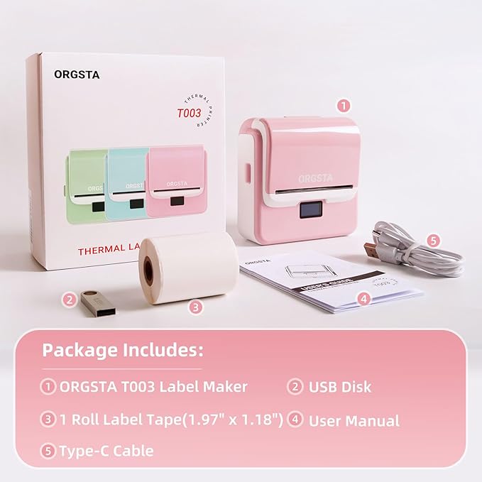 ORGSTA Label Maker Machine with Tape, T003 Thermal Label Maker, 3.15 Inch Bluetooth Label Printer Compatible with Phone & PC, Sticker Printer Barcode Thermal Maker for Small Business, Home, School