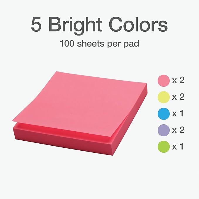 Redi-Tag Sticky Notes, Power Stick Notes, Adhesive Reminders, 3" x 3" Reusable Notes, Strong Adhesive Memos, Assorted Bright Colors, 8 Pack (1000975)