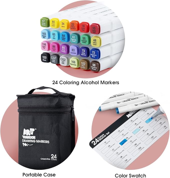 TRANSON Alcohol Markers for Drawing Coloring 24 Colors Dual-tip Fine and Chisel Tips